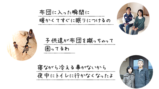 布団に入った瞬間に暖かくてすぐに眠りにつけるの 子供達が布団を蹴っちゃって
困ってるわ 寝ながら冷える事がないから夜中にトイレに行かなくなったよ